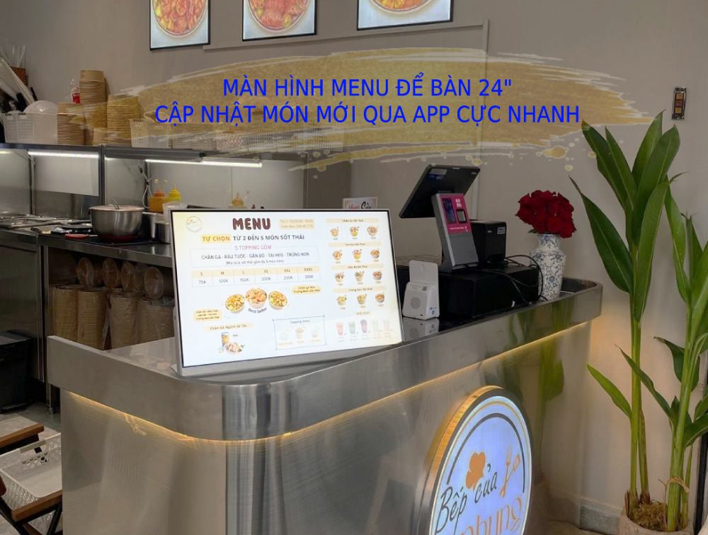 màn hình quảng cáo lcd 24inch dùng làm menu, cập nhật món nhanh chóng qua app