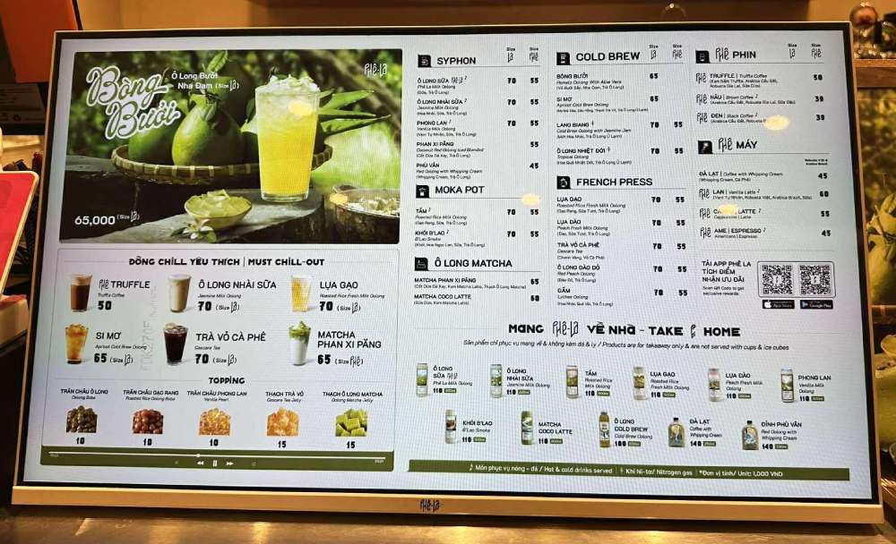 màn hình lcd 24inch để bàn dùng làm menu cho chuỗi cửa hàng Phê La