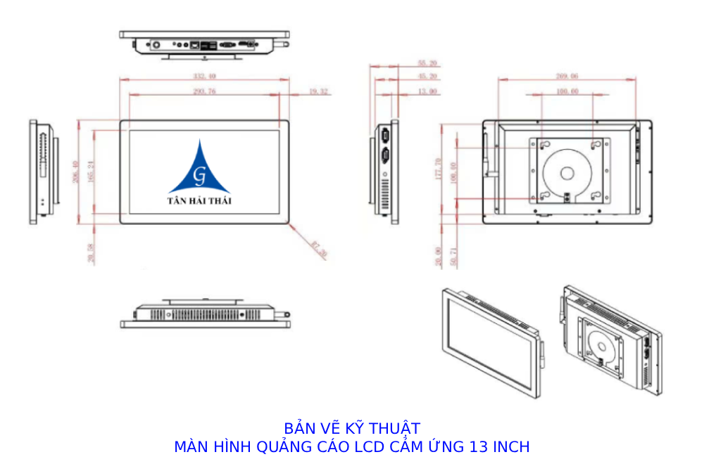 bản vẽ kỹ thuật màn hình quảng cáo LCD 13 inches cảm ứng