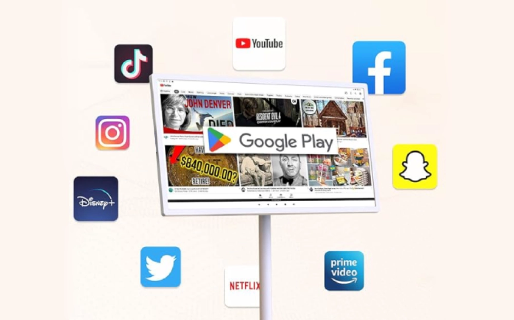 Màn hình di động 32inch cài đặt các ứng dụng mạng xã hội thông qua Google Play