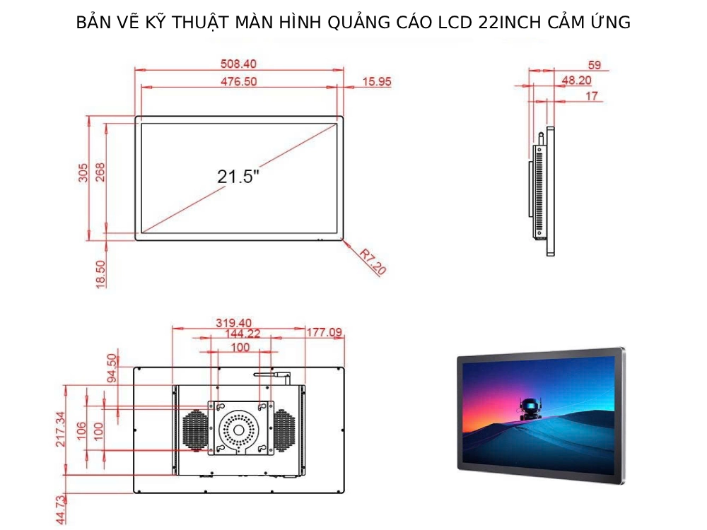bản vẽ kỹ thuật màn hình quảng cáo LCD 22inch cảm ứng của Tân Hải Thái