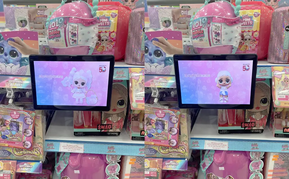 Màn hình quảng cáo LCD 7inch treo kệ trưng bày đồ chơi trẻ em